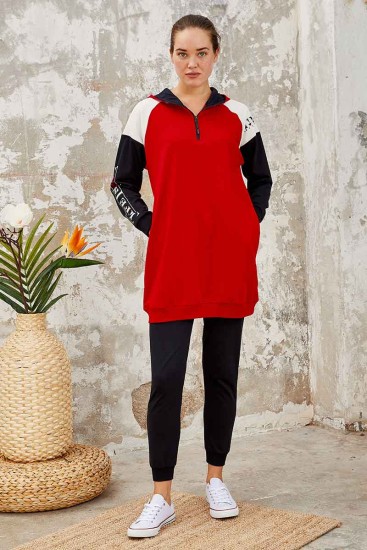 Kırmızı - Lacivert Kapüşonlu Yarım Fermuar Rahat Form Jogger Kadın Eşofman Tunik Takım - 95250 - Thumbnail