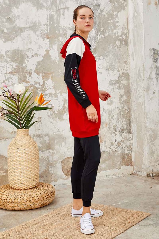 Kırmızı - Lacivert Kapüşonlu Yarım Fermuar Rahat Form Jogger Kadın Eşofman Tunik Takım - 95250