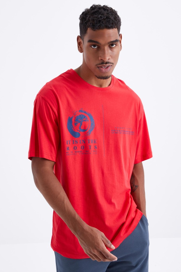 Kırmızı Minimal Baskılı O Yaka Erkek Oversize T-Shirt - 88096