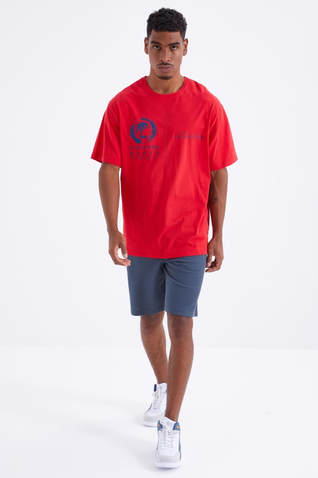 Kırmızı Minimal Baskılı O Yaka Erkek Oversize T-Shirt - 88096