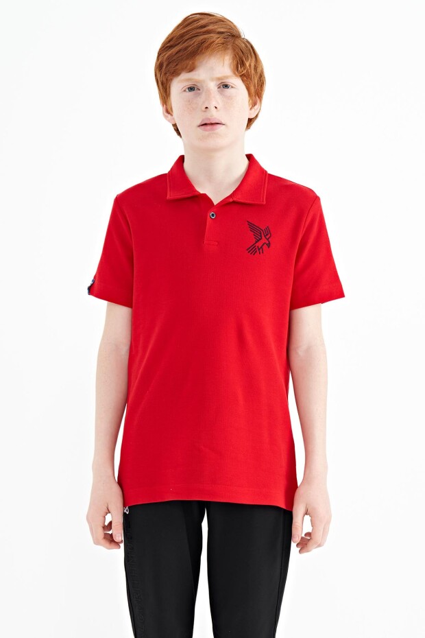 Kırmızı Minimal Nakış Detaylı Standart Kalıp Polo Yaka Erkek Çocuk T-Shirt - 11084