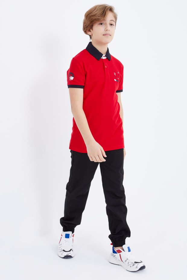 Kırmızı Nakış Detaylı Kısa Kollu Polo Yaka Erkek Çocuk T-Shirt - 10893