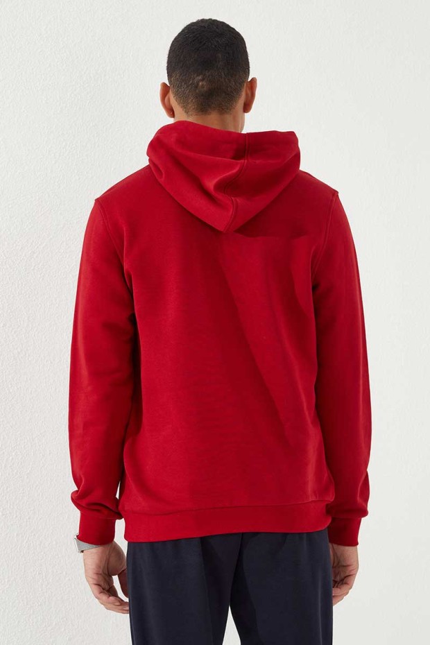 Kırmızı Nakışlı Kanguru Cep Standart Kalıp Kapüşonlu Erkek Sweatshirt - 87839