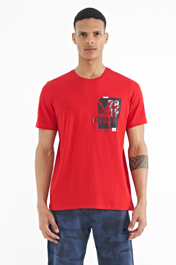 Kırmızı Ön Arka Baskı Detaylı Standart Form Erkek T-shirt - 88233