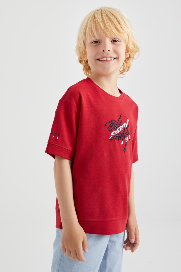 Tommy Life Kırmızı Oversize Yazı Nakışlı Kısa Kollu O Yaka Erkek Çocuk T-Shirt - 10898. 4