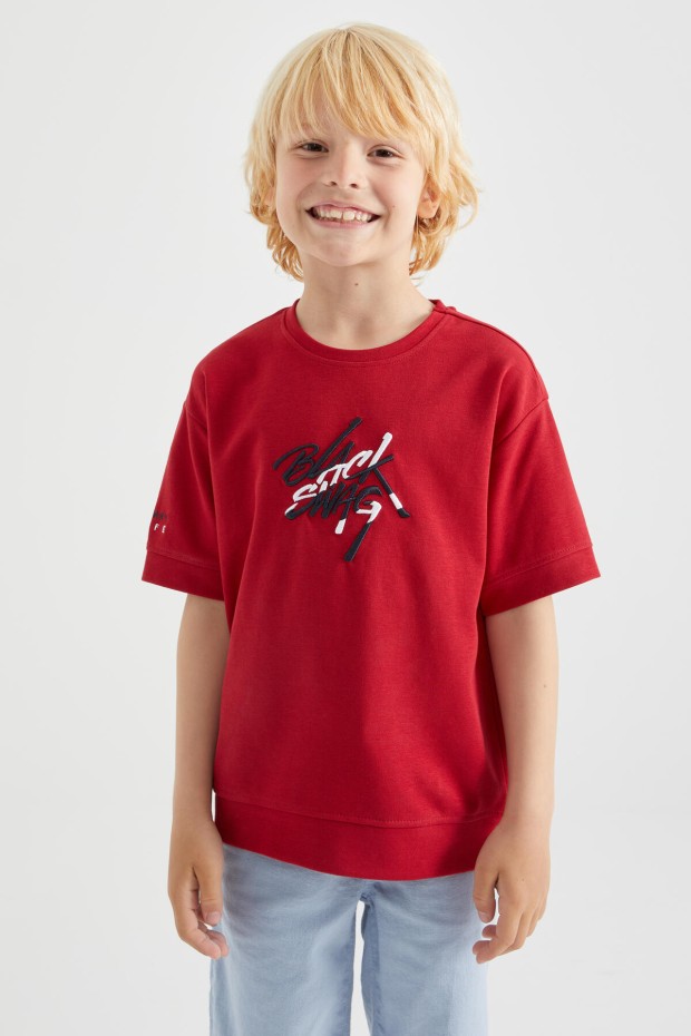 Kırmızı Oversize Yazı Nakışlı Kısa Kollu O Yaka Erkek Çocuk T-Shirt - 10898