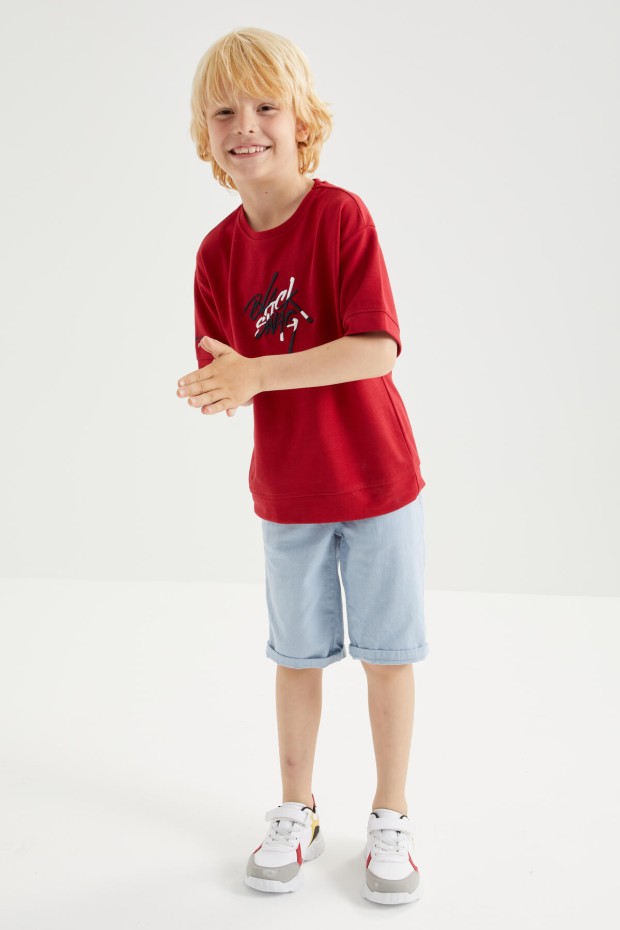 Kırmızı Oversize Yazı Nakışlı Kısa Kollu O Yaka Erkek Çocuk T-Shirt - 10898