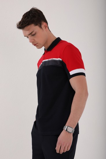 Kırmızı Renkli Baskı Şeritli Standart Kalıp Düğmeli Polo Yaka Erkek T-Shirt - 87945 - Thumbnail