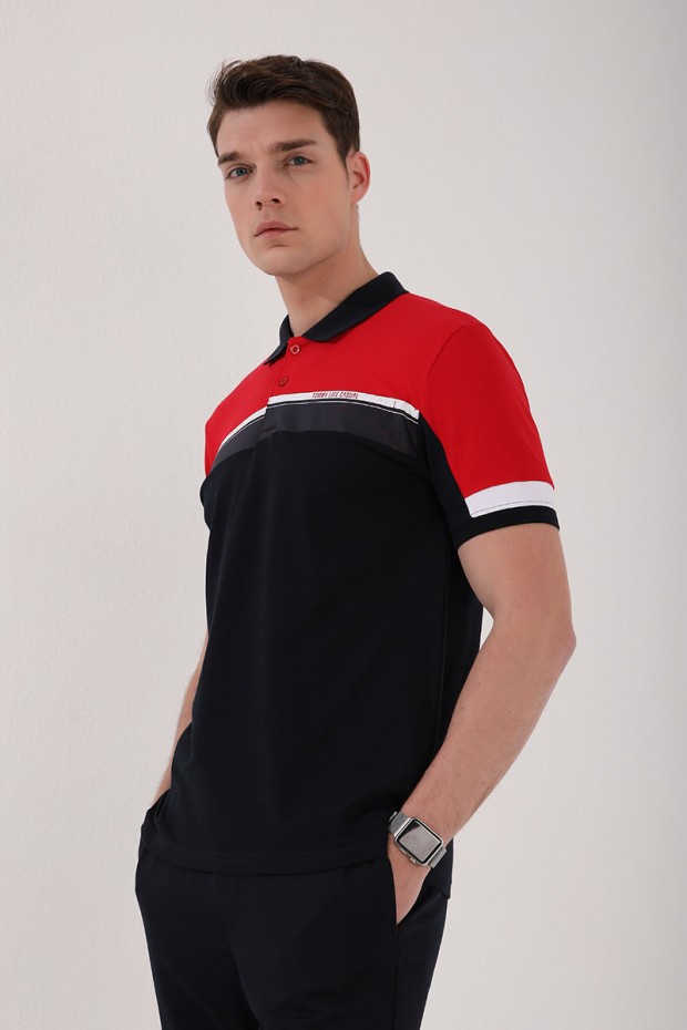 Kırmızı Renkli Baskı Şeritli Standart Kalıp Düğmeli Polo Yaka Erkek T-Shirt - 87945
