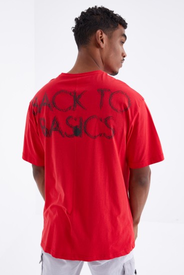 TommyLife - Kırmızı Sırtı Yazı Baskılı O Yaka Erkek Oversize T-Shirt - 88100