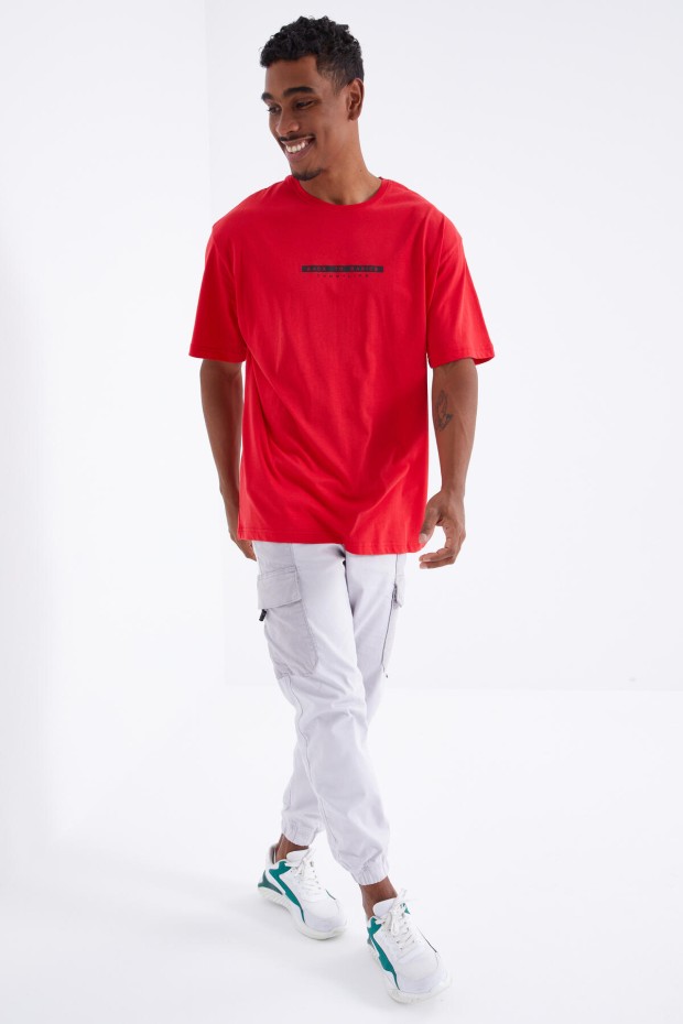 Kırmızı Sırtı Yazı Baskılı O Yaka Erkek Oversize T-Shirt - 88100