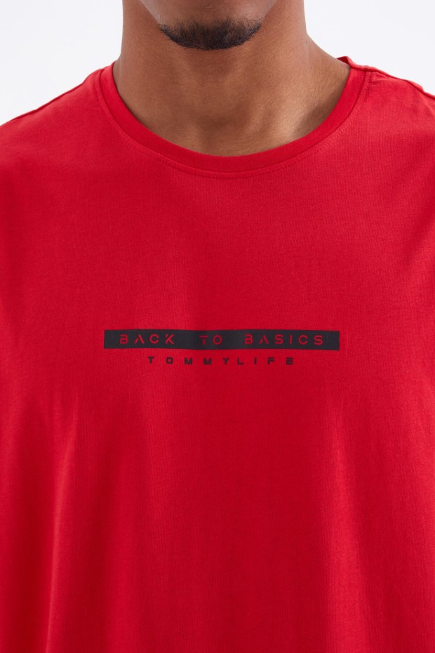 Kırmızı Sırtı Yazı Baskılı O Yaka Erkek Oversize T-Shirt - 88100
