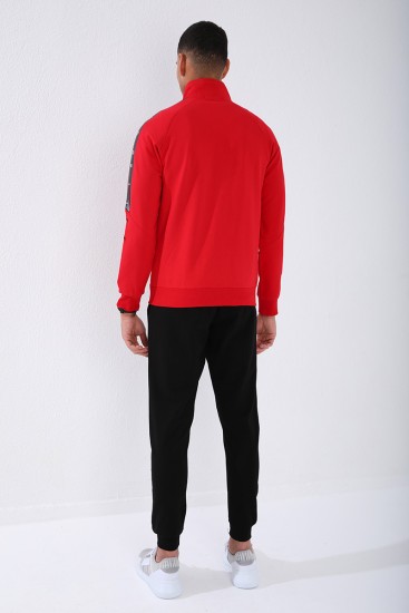 Kırmızı - Siyah Dik Yaka Şerit Baskılı Standart Kalıp Manşetli Erkek Eşofman Takımı - 85150 - Thumbnail