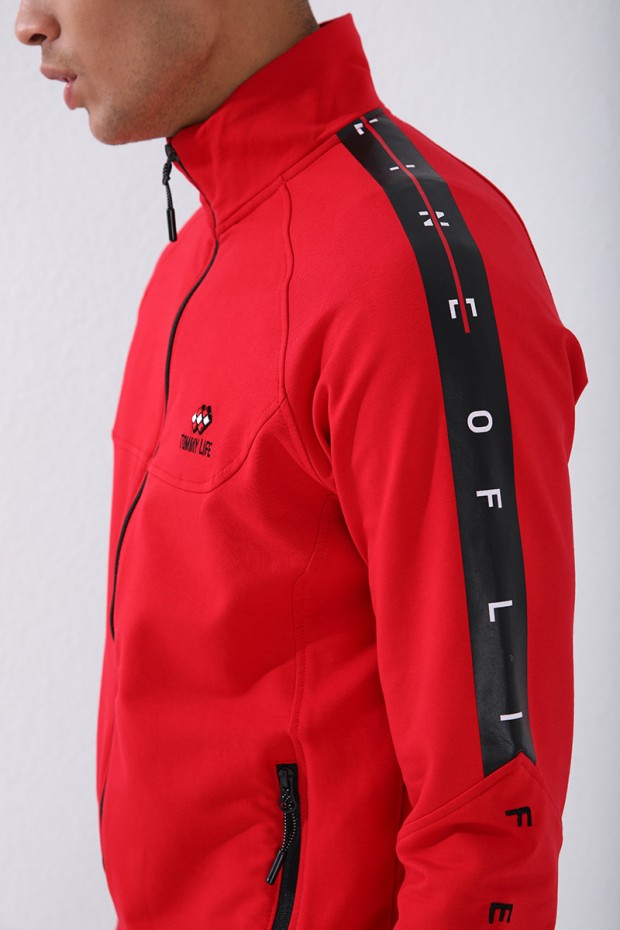 Kırmızı - Siyah Dik Yaka Şerit Baskılı Standart Kalıp Manşetli Erkek Eşofman Takımı - 85150