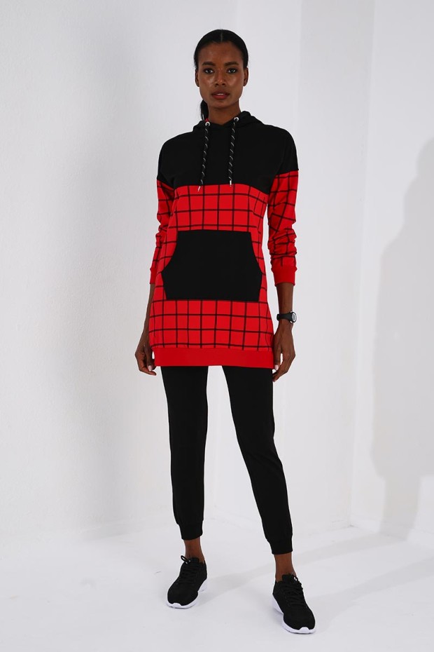 Kırmızı - Siyah Kapüşonlu Kare Desenli Rahat Form Jogger Kadın Eşofman Tunik Takım - 03460