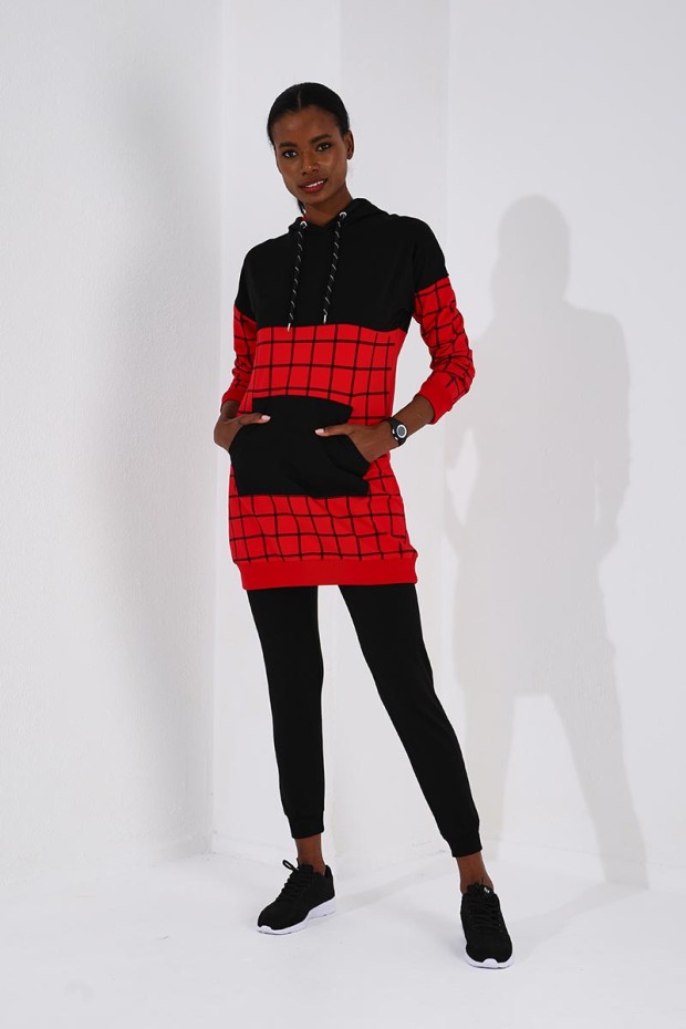 Kırmızı - Siyah Kapüşonlu Kare Desenli Rahat Form Jogger Kadın Eşofman Tunik Takım - 03460