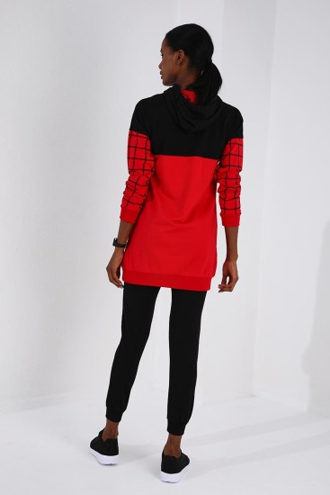 Kırmızı - Siyah Kapüşonlu Kare Desenli Rahat Form Jogger Kadın Eşofman Tunik Takım - 03460 - Thumbnail