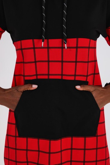 Kırmızı - Siyah Kapüşonlu Kare Desenli Rahat Form Jogger Kadın Eşofman Tunik Takım - 03460 - Thumbnail