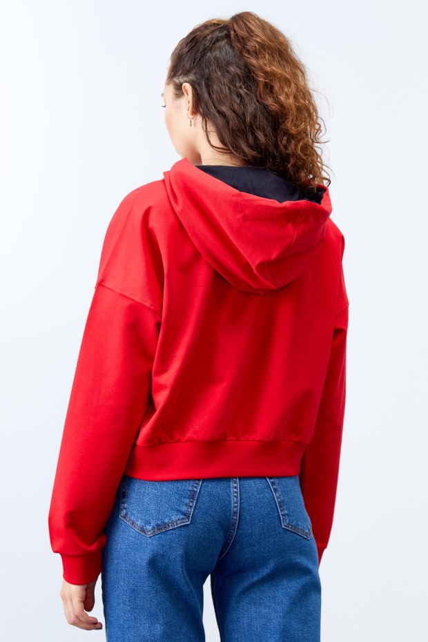 Kırmızı Uzun Kol Rahat Form Kapüşonlu Kadın Sweatshirt - 97115