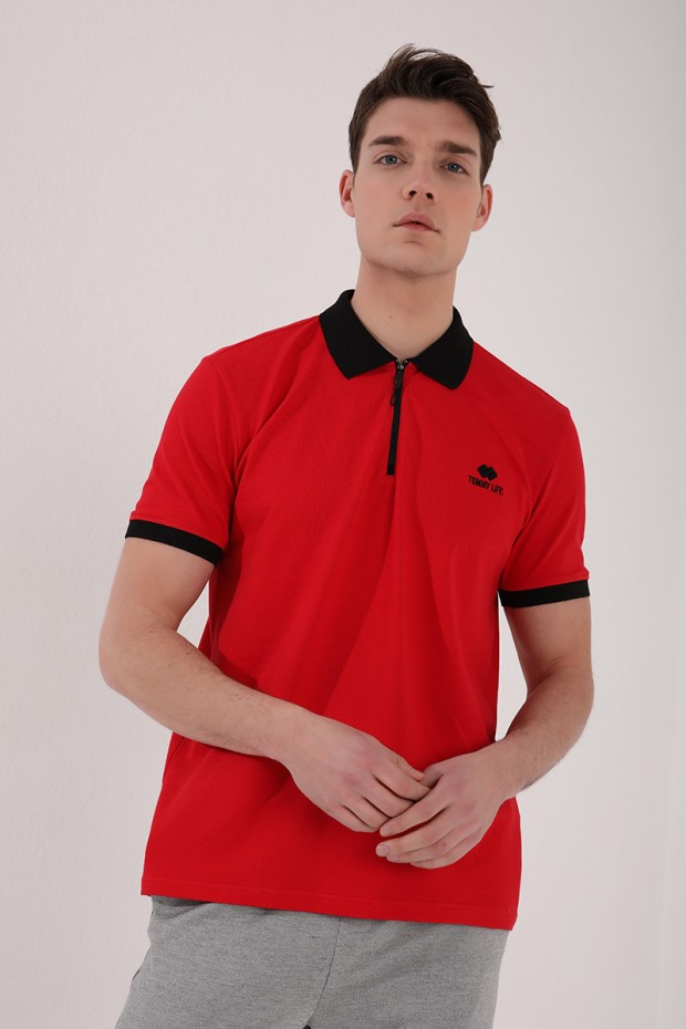 Kırmızı Yarım Fermuarlı Standart Kalıp Polo Yaka Erkek T-Shirt - 87961