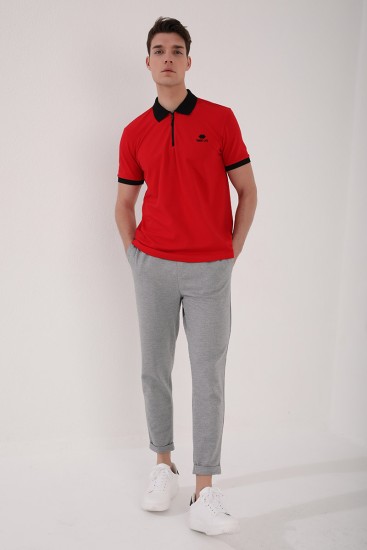 Kırmızı Yarım Fermuarlı Standart Kalıp Polo Yaka Erkek T-Shirt - 87961 - Thumbnail
