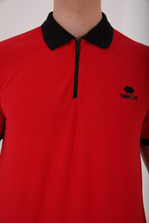 Kırmızı Yarım Fermuarlı Standart Kalıp Polo Yaka Erkek T-Shirt - 87961