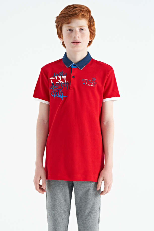 Kırmızı Yazı Nakış Detaylı Standart Kalıp Polo Yaka Erkek Çocuk T-Shirt - 11085