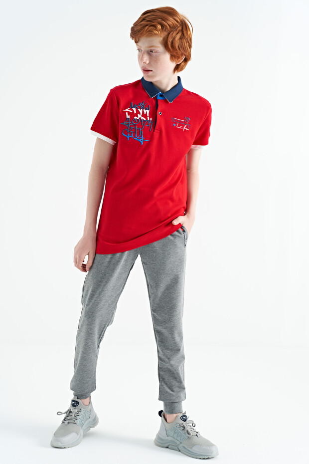 Kırmızı Yazı Nakış Detaylı Standart Kalıp Polo Yaka Erkek Çocuk T-Shirt - 11085