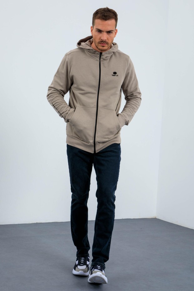 Koyu Bej Basic Kapüşonlu Rahat Form Nakış Detaylı Fermuarlı Erkek Sweatshirt - 88035