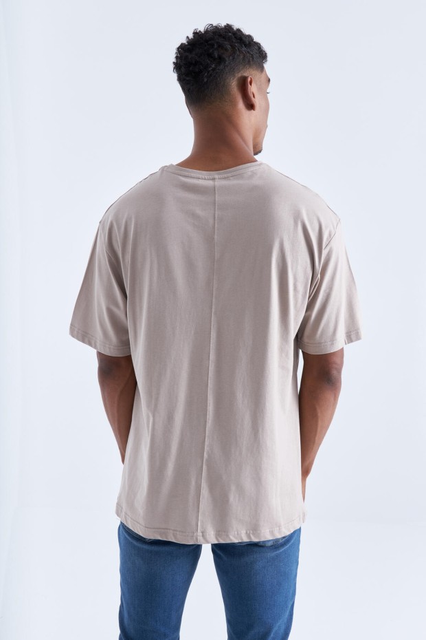 Koyu Bej Baskı Detaylı O Yaka Erkek Oversize T-Shirt - 88093