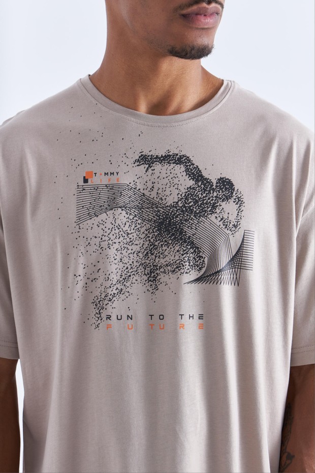 Koyu Bej Baskı Detaylı O Yaka Erkek Oversize T-Shirt - 88093