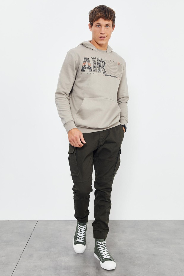 Koyu Bej Air Yazı Baskılı Kapüşonlu Rahat Form Erkek Sweatshirt - 88009