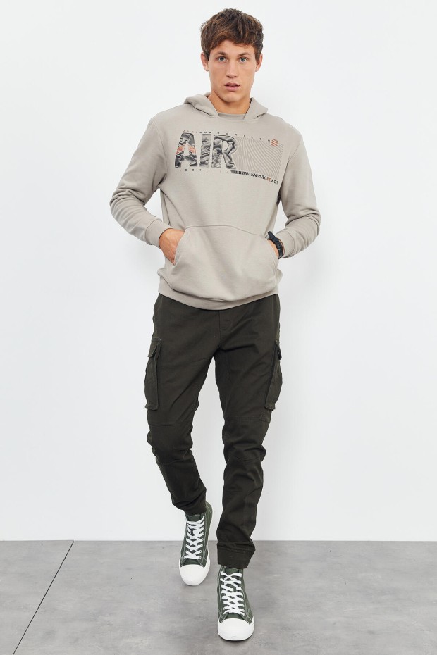 Koyu Bej Air Yazı Baskılı Kapüşonlu Rahat Form Erkek Sweatshirt - 88009