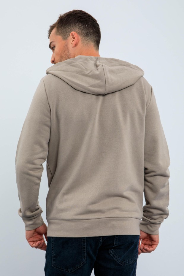 Koyu Bej Basic Kapüşonlu Rahat Form Nakış Detaylı Fermuarlı Erkek Sweatshirt - 88035 - Thumbnail