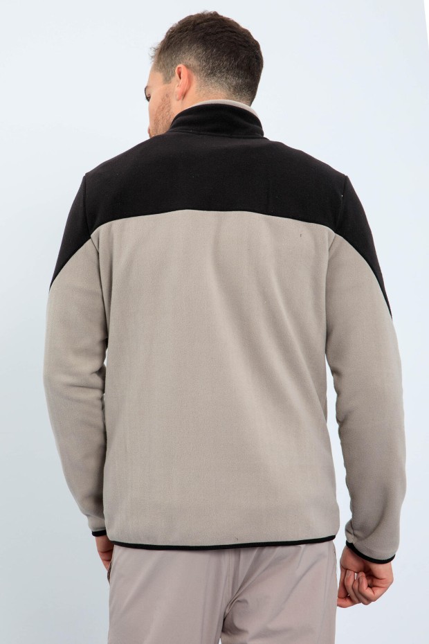 Koyu Bej İki Renkli Fermuarlı Dik Yaka Standart Kalıp Erkek Sweatshirt Polar - 87994