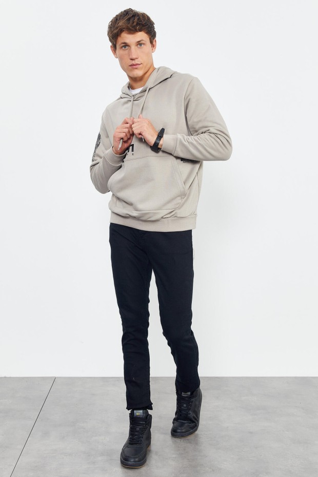 Koyu Bej Yazı ve Desen Baskılı Kapüşonlu Rahat Form Erkek Sweatshirt - 88011