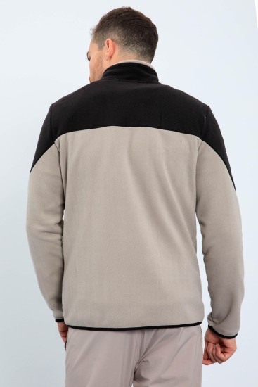 Koyu Bej İki Renkli Fermuarlı Dik Yaka Standart Kalıp Erkek Sweatshirt Polar - 87994 - Thumbnail