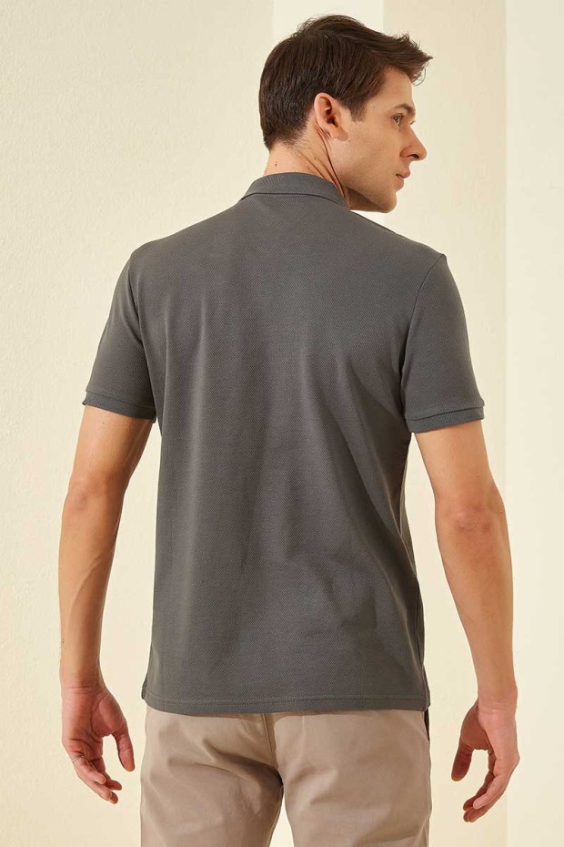 Koyu Gri Basic Logolu Standart Kalıp Triko Polo Yaka Erkek T-Shirt - 87748