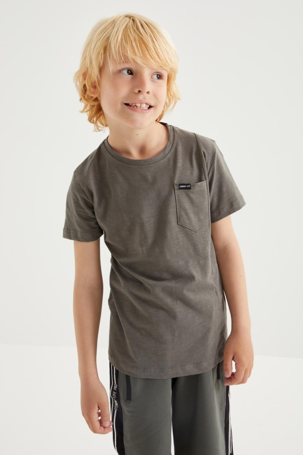 Tommy Life Koyu Gri Cep Detaylı Basic Kısa Kol O Yaka Erkek Çocuk T-Shirt - 10857. 1