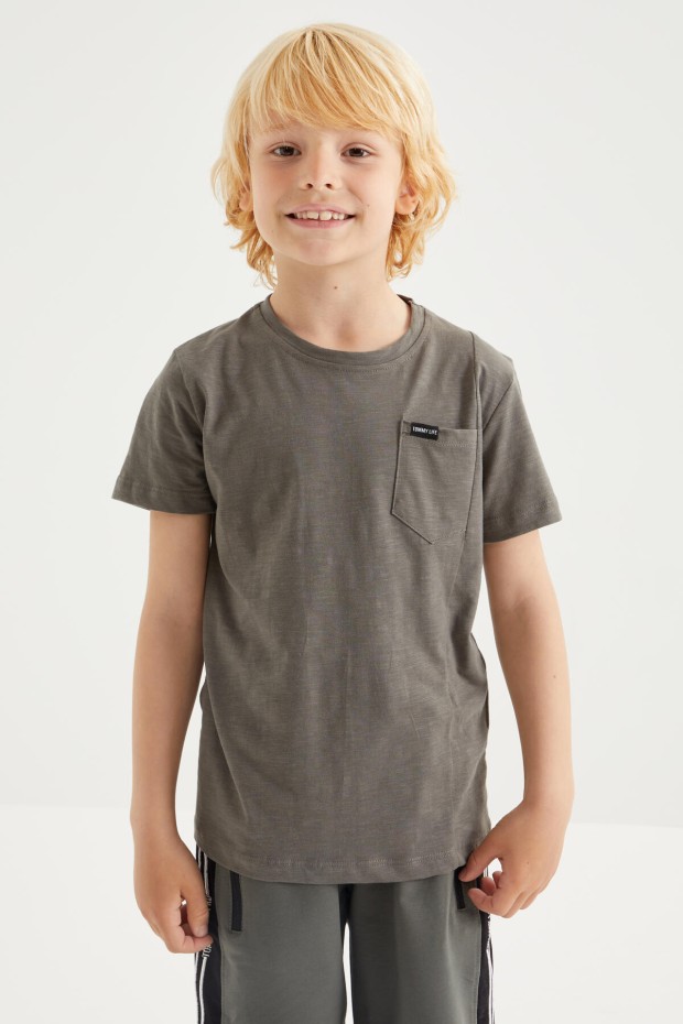 Tommy Life Koyu Gri Cep Detaylı Basic Kısa Kol O Yaka Erkek Çocuk T-Shirt - 10857. 5