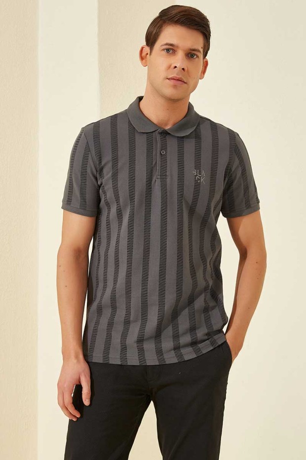 Koyu Gri Desen Çizgili Standart Kalıp Polo Yaka Erkek T-Shirt - 87805