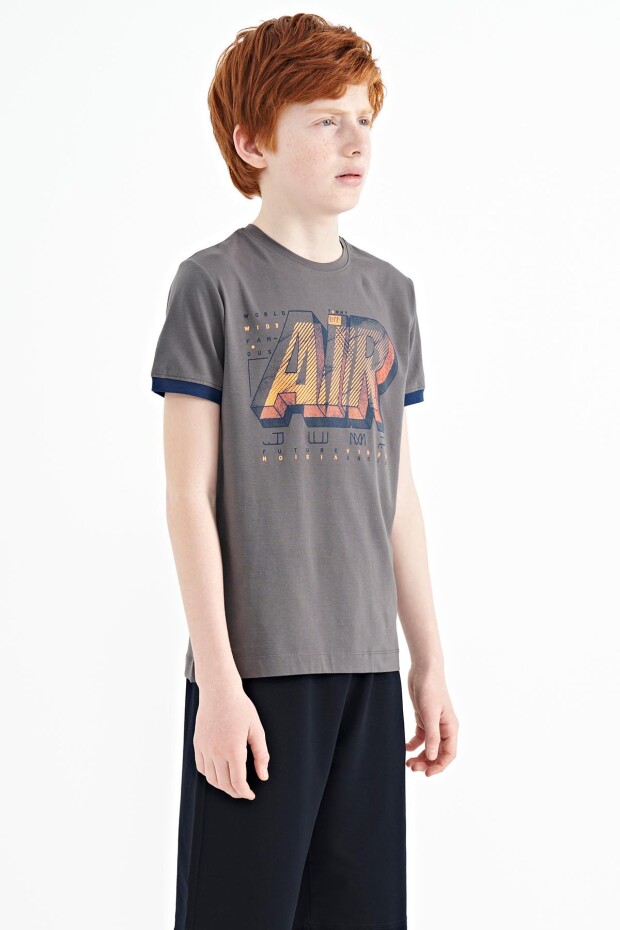 Koyu Gri Yazı Baskılı Standart Kalıp O Yaka Erkek Çocuk T-Shirt - 11098