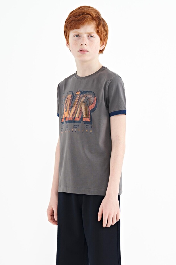 Koyu Gri Yazı Baskılı Standart Kalıp O Yaka Erkek Çocuk T-Shirt - 11098
