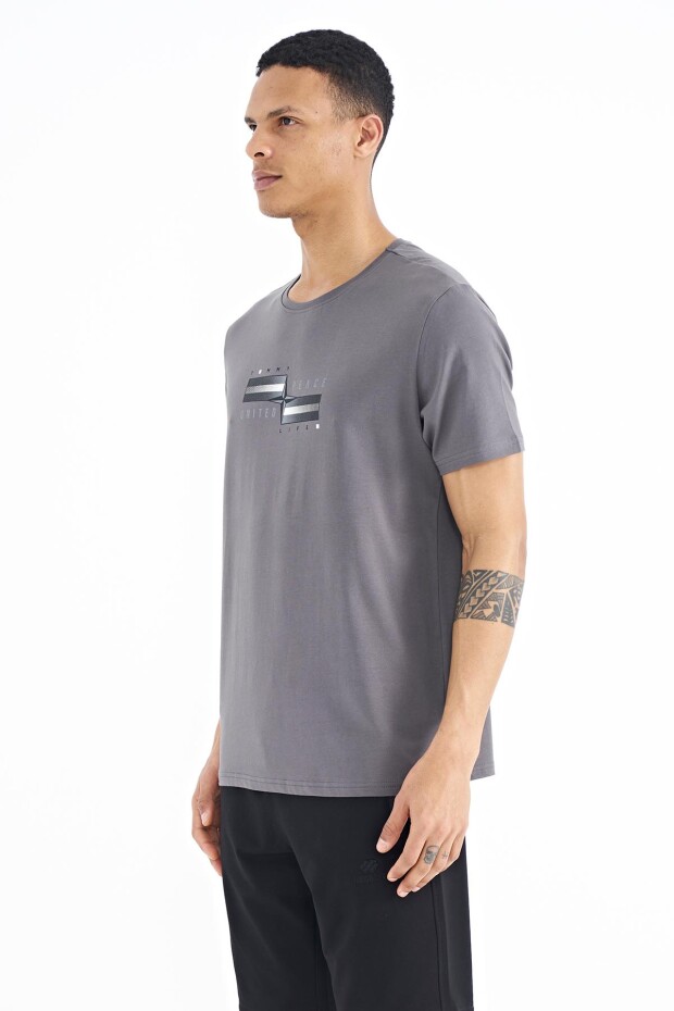 Koyu Gri Yazılı Şekil Basklı Standart Kalıp Erkek T-shirt - 88215