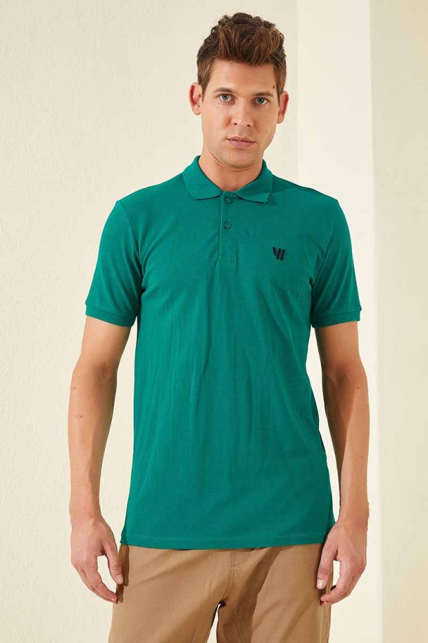Koyu Yeşil Basic Göğüs Logolu Standart Kalıp Triko Polo Yaka Erkek T-Shirt - 87768