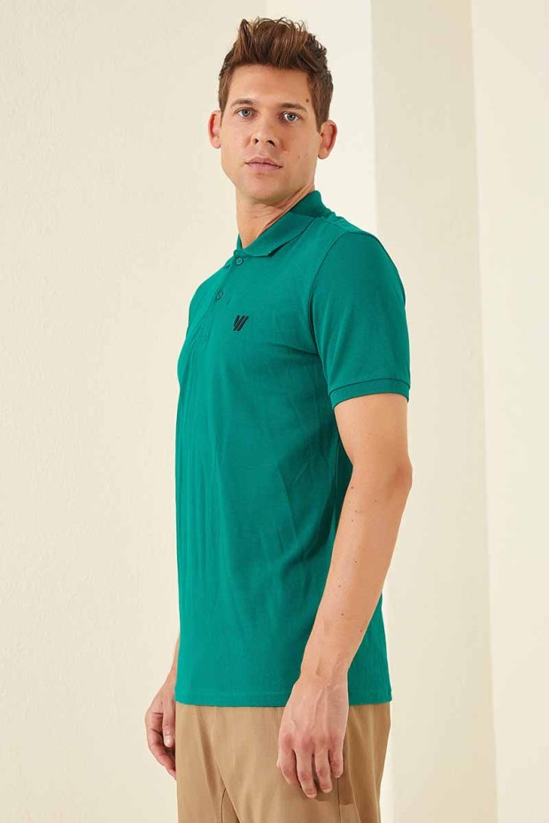 Koyu Yeşil Basic Göğüs Logolu Standart Kalıp Triko Polo Yaka Erkek T-Shirt - 87768