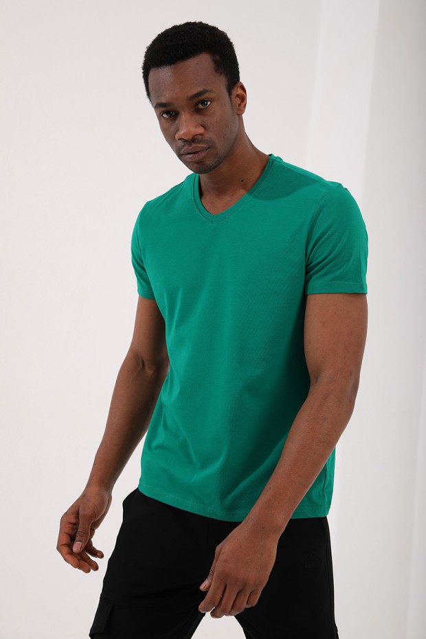 Koyu Yeşil Basic Kısa Kol Standart Kalıp V Yaka Erkek T-Shirt - 87912