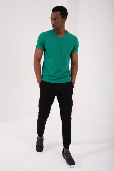 Koyu Yeşil Basic Kısa Kol Standart Kalıp V Yaka Erkek T-Shirt - 87912 - Thumbnail