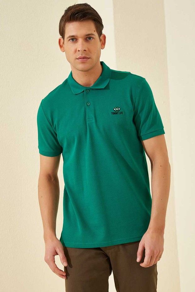 Koyu Yeşil Basic Logolu Standart Kalıp Triko Polo Yaka Erkek T-Shirt - 87748