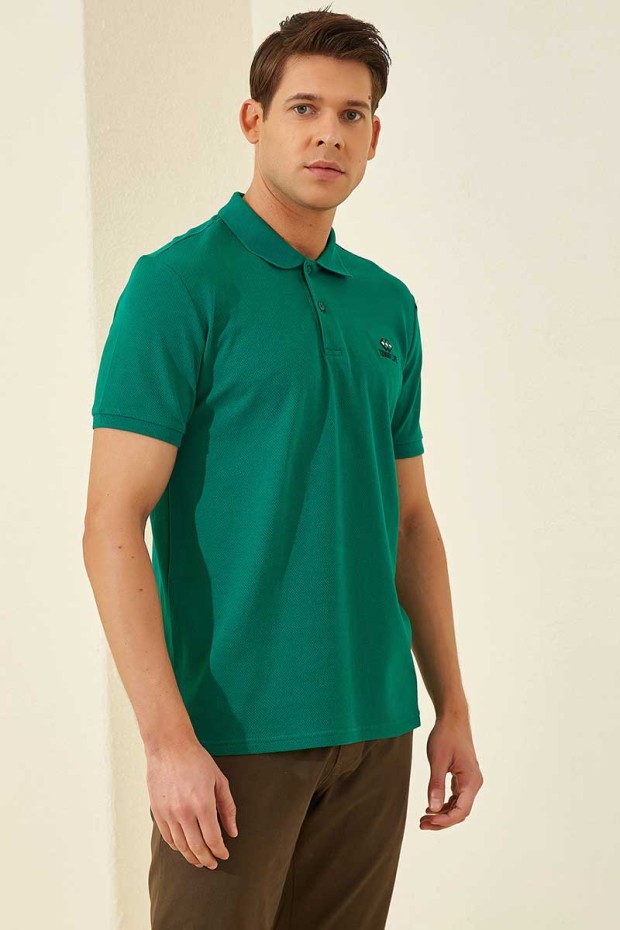 Koyu Yeşil Basic Logolu Standart Kalıp Triko Polo Yaka Erkek T-Shirt - 87748